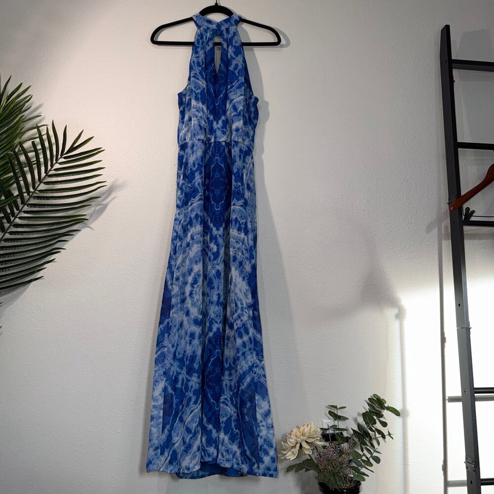 Bisou Bisou Michele Bohbot Blue Marble Tie Dye Halter Maxi Dress Size 8